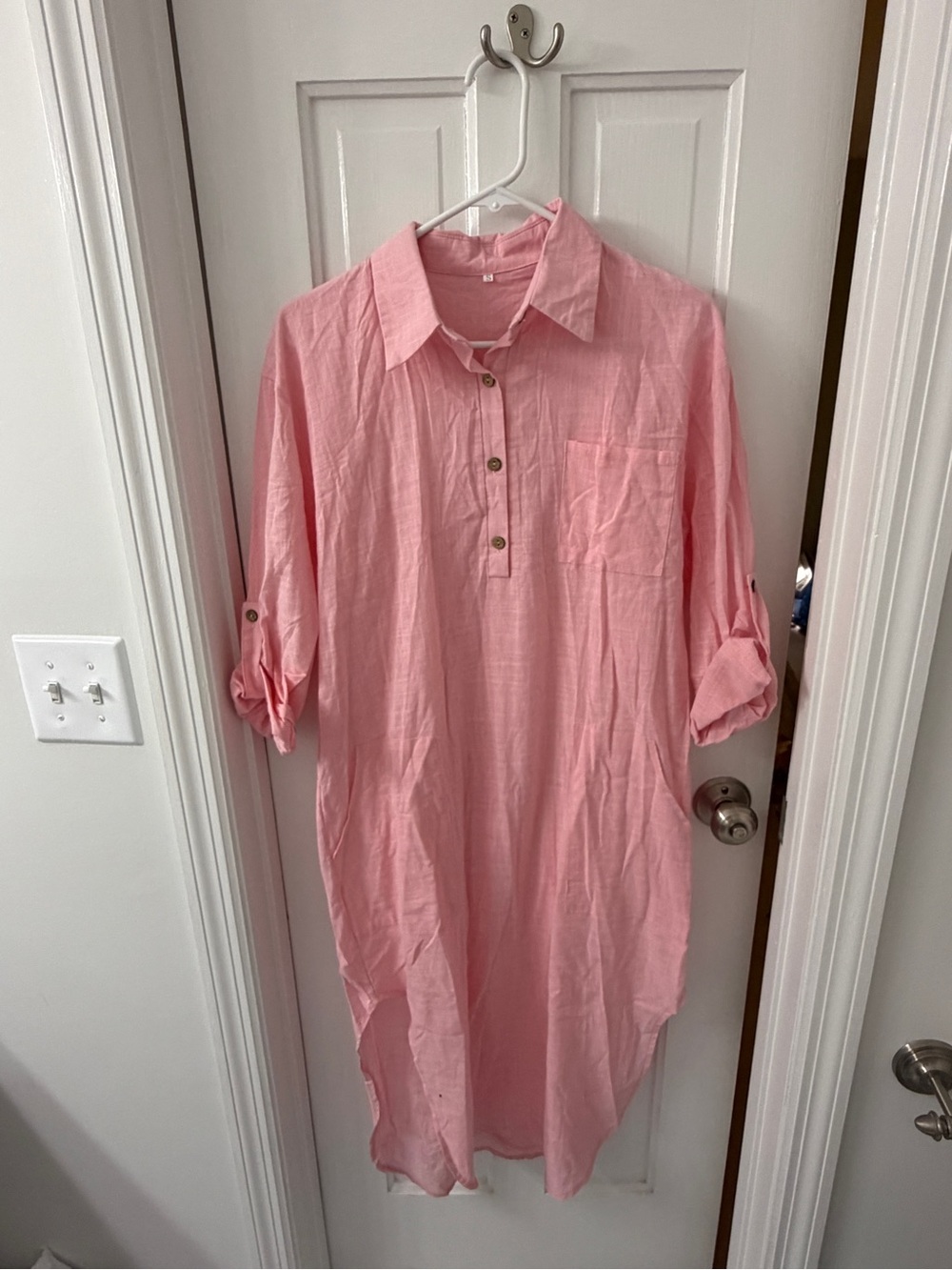 Casual Pink Linen Longline Shirt Dress